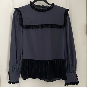 CROSBY by Mollie Burch Wilkins Navy & Black Velvet Ruffle Trim Top.  20